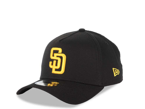 San Diego Padres New Era MLB 9FORTY 940 Adjustable A-Frame Cap Hat Closure Black Crown/Visor Yellow Logo Black UV