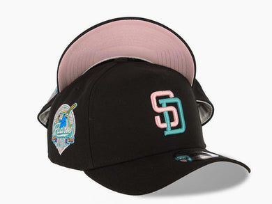San Diego Padres New Era MLB 9FORTY 940 Adjustable A-Frame Cap Hat Black Crown/Visor Pink/Aqua Logo 40th Anniversary Side Patch Pink UV