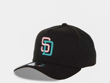 Load image into Gallery viewer, San Diego Padres New Era MLB 9FORTY 940 Adjustable A-Frame Cap Hat Black Crown/Visor Pink/Aqua Logo 40th Anniversary Side Patch Pink UV
