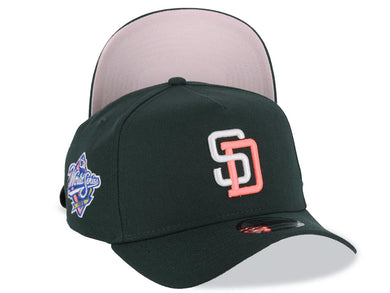 San Diego Padres New Era MLB 9FORTY 940 Adjustable A-Frame Cap Hat Dark Green Crown/Visor White/Pink Logo 1998 World Series Side Patch Pink UV