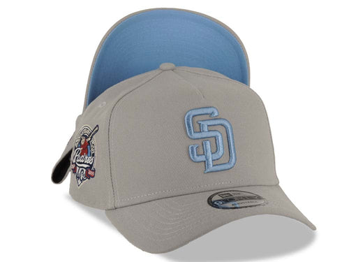 San Diego Padres New Era MLB 9FORTY 940 Adjustable A-Frame Cap Hat Gray Crown/Visor Sky Blue Logo 40th Anniversary Side Patch Sky Blue UV