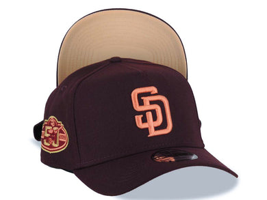 San Diego Padres New Era MLB 9FORTY 940 Adjustable A-Frame Cap Hat Maroon Crown/Visor Orange Logo 50th Anniversary Side Patch Peach UV
