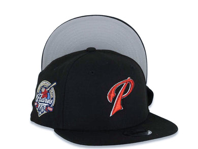 (Youth) San Diego Padres New Era MLB 9FIFTY 950 Kid Snapback Cap Hat Black Crown/Visor Metallic Red/White Logo 40th Anniversary Side Patch Gray UV