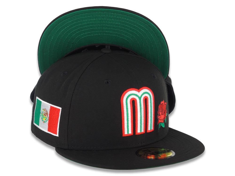 Mexico New Era 59FIFTY 5950 Fitted Cap Hat Black Crown/Visor White/Red/Greed Logo with Rose Mexico Flag Side Patch Green UV