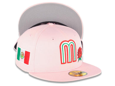 Mexico New Era 59FIFTY 5950 Fitted Cap Hat Pink Crown/Visor White/Red/Green Logo with Rose Mexico Flag Side Patch Gray UV