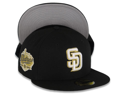 San Diego Padres New Era MLB 59FIFTY 5950 Fitted Cap Hat Black Crown/Visor White/Metallic Gold Logo Established 1969 Side Patch 619 Back Logo
