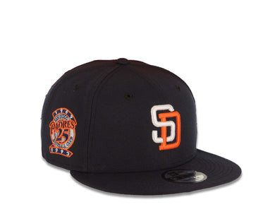 (Youth) San Diego Padres New Era MLB 9FIFTY 950 Kid Snapback Cap Hat Navy Blue Crown/Visor White/Orange Logo 25th Anniversary Side Patch