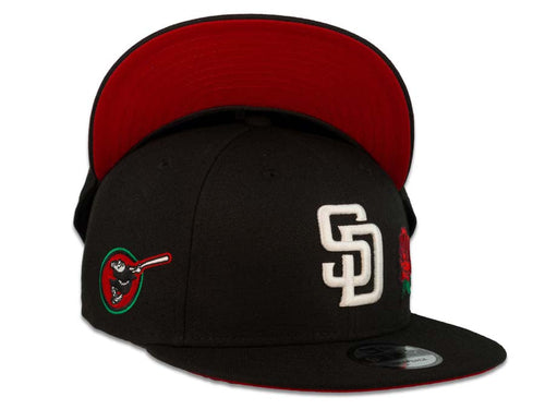 (Youth) San Diego Padres New Era MLB 9FIFTY 950 Kid Snapback Cap Hat Black Crown/Visor White Logo with Rose Swinging Friar Side Patch Red UV