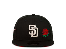 Load image into Gallery viewer, (Youth) San Diego Padres New Era MLB 9FIFTY 950 Kid Snapback Cap Hat Black Crown/Visor White Logo with Rose Swinging Friar Side Patch Red UV
