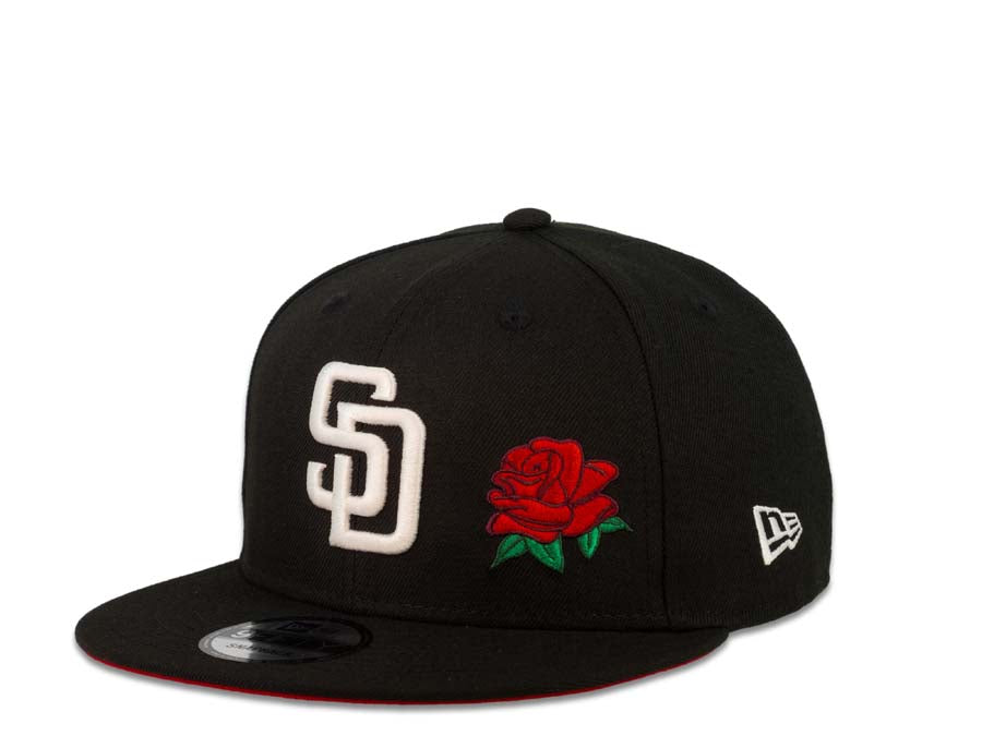 (Youth) San Diego Padres New Era MLB 9FIFTY 950 Kid Snapback Cap Hat Black  Crown/Visor White Logo with Rose Swinging Friar Side Patch Red UV