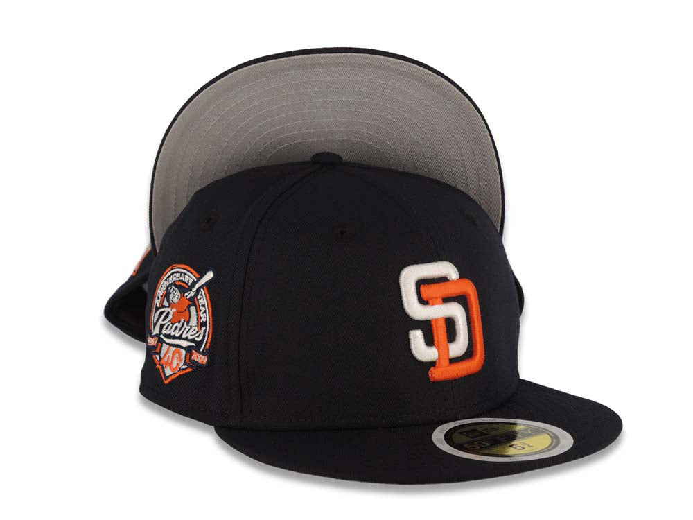 (Youth)San Diego Padres New Era MLB 59FIFTY 5950 Kid Fitted Cap Hat Navy Blue Crown/Visor White/Orange Logo 40th Anniversary Side Patch Gray UV