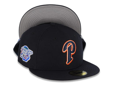 San Diego Padres New Era MLB 59FIFTY 5950 Fitted Cap Hat Navy Blue Crown/Visor Navy Blue/Glow White/Orange Logo 1998 World Series Side Patch Gray UV