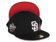 Load image into Gallery viewer, San Diego Padres New Era MLB 59FIFTY 5950 Fitted Cap Hat Black Crown/Visor White Logo Red Roses 1998 World Series Side Patch Red UV
