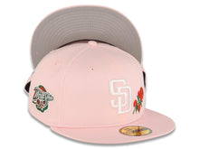 Load image into Gallery viewer, San Diego Padres New Era MLB 59FIFTY 5950 Fitted Cap Hat Pink Crown/Visor White Logo With Rose 1998 World Series Side Patch Gray UV
