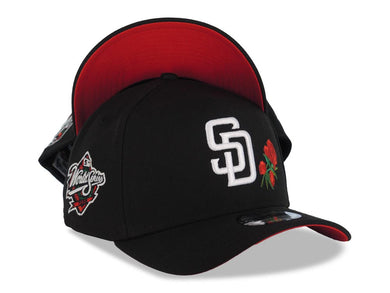 San Diego Padres New Era MLB 9FORTY 940 Adjustable A-Frame Cap Hat Black Crown/Visor White Logo With Rose 1998 World Series Side Patch Red UV