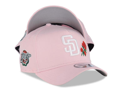 San Diego Padres New Era MLB 9FORTY 940 Adjustable A-Frame Cap Hat Pink Crown/Visor White Logo Red Roses 1998 World Series Side Patch Gray UV