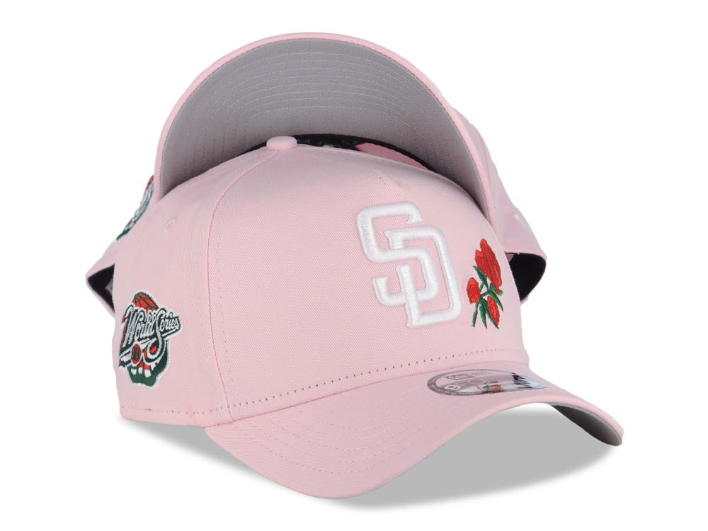 San Diego Padres New Era MLB 9FORTY 940 Adjustable A-Frame Cap Hat Pink Crown/Visor White Logo Red Roses 1998 World Series Side Patch Gray UV