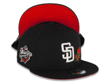 Load image into Gallery viewer, San Diego Padres New Era MLB 9FIFTY 950 Snapback Cap Hat Black Crown/Visor White Logo With Rose 1998 World Series Side Patch Red UV
