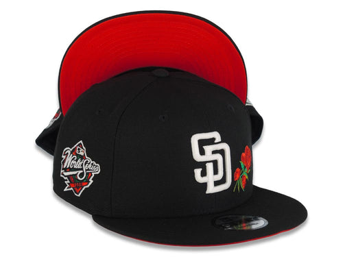 San Diego Padres New Era MLB 9FIFTY 950 Snapback Cap Hat Black Crown/Visor White Logo With Rose 1998 World Series Side Patch Red UV