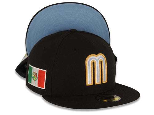 Mexico New Era 59FIFTY 5950 Fitted Cap Hat Black Crown/Visor Sky Blue/White/Metallic Gold Logo Mexico Flag Side Patch Sky Blue UV