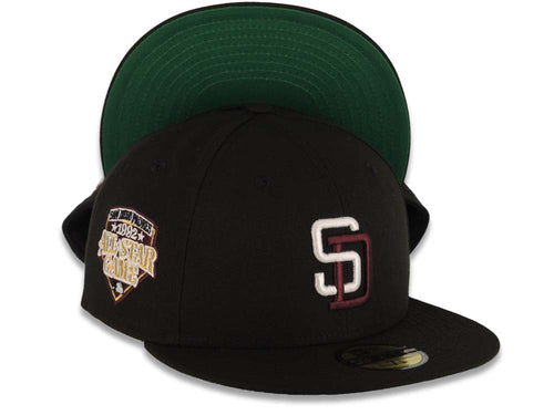 San Diego Padres New Era MLB 59FIFTY 5950 Fitted Cap Hat Black Crown/Visor White/Maroon Logo 1992 All-Star Game Side Patch Green UV