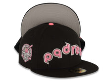 Load image into Gallery viewer, San Diego Padres New Era MLB 59FIFTY 5950 Fitted Cap Hat Black Crown/Visor Pink/Metallic Black/White Logo 40th Anniversary Side Patch Gray UV
