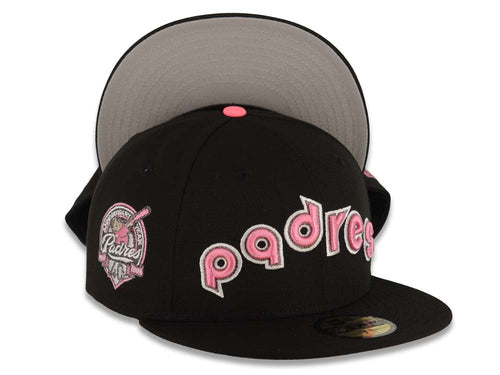 San Diego Padres New Era MLB 59FIFTY 5950 Fitted Cap Hat Black Crown/Visor Pink/Metallic Black/White Logo 40th Anniversary Side Patch Gray UV