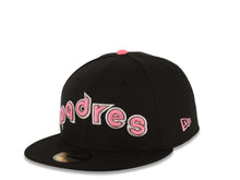 Load image into Gallery viewer, San Diego Padres New Era MLB 59FIFTY 5950 Fitted Cap Hat Black Crown/Visor Pink/Metallic Black/White Logo 40th Anniversary Side Patch Gray UV
