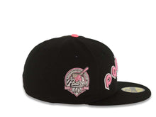 Load image into Gallery viewer, San Diego Padres New Era MLB 59FIFTY 5950 Fitted Cap Hat Black Crown/Visor Pink/Metallic Black/White Logo 40th Anniversary Side Patch Gray UV
