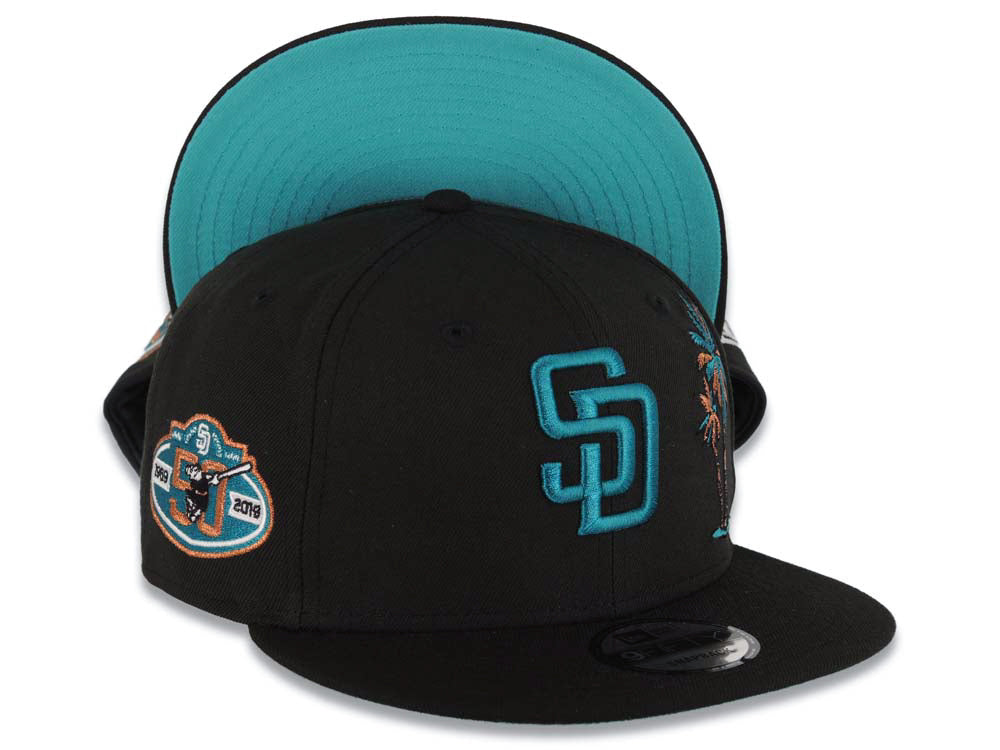 San Diego Padres New Era MLB 9FIFTY 950 Snapback Cap Hat Black Crown/Visor Teal Logo With Palm Trees 50th Anniversary Side Patch Teal UV