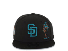 Load image into Gallery viewer, San Diego Padres New Era MLB 9FIFTY 950 Snapback Cap Hat Black Crown/Visor Teal Logo With Palm Trees 50th Anniversary Side Patch Teal UV
