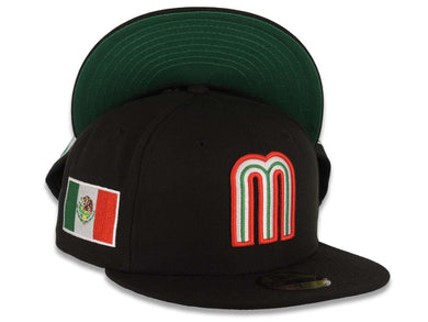 Mexico New Era WBC World Baseball Classic 59FIFTY 5950 Fitted Cap Hat Black Crown/Visor Team Color Logo Mexico Flag Side Patch Green UV