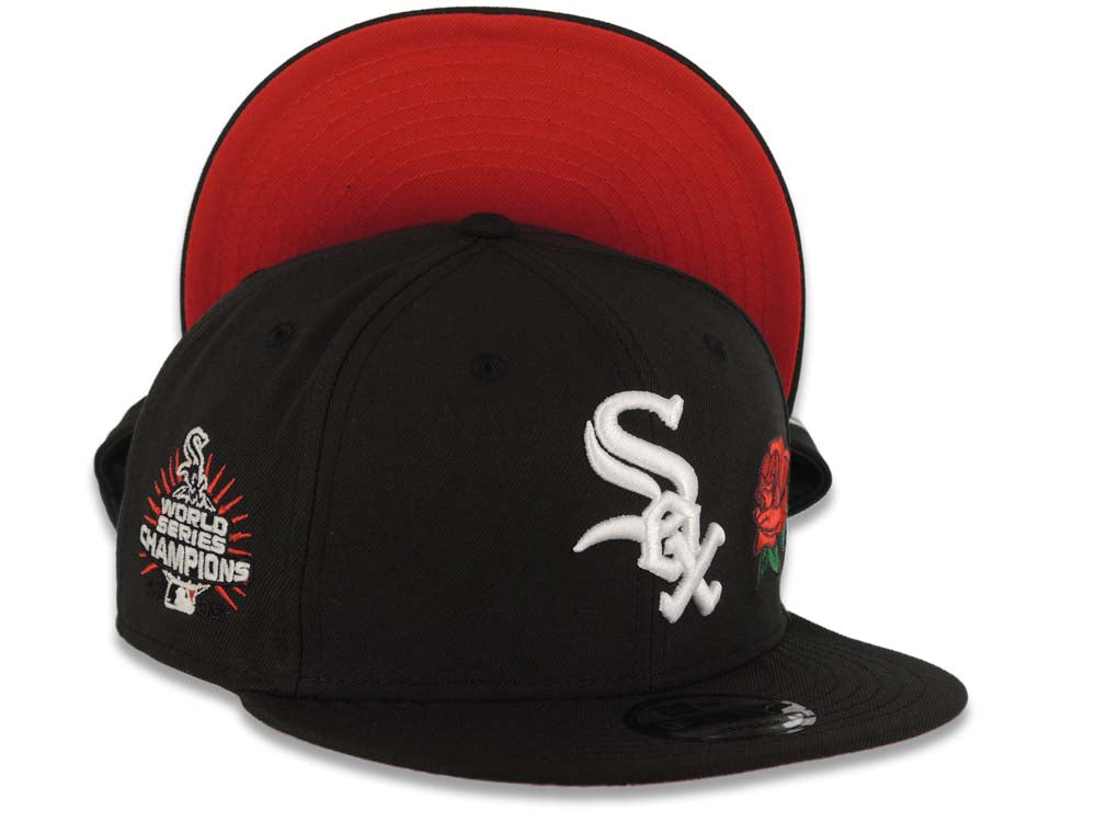 Chicago White Sox New Era MLB 9FIFTY 950 Snapback Cap Hat Black Crown/Visor White Logo With Rose 2005 World Series Side Patch Red UV