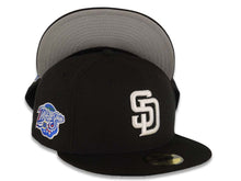 Load image into Gallery viewer, San Diego Padres New Era MLB 59FIFTY 5950 Fitted Cap Hat Black Crown/Visor White Logo 760 Area Code Back Logo 1998 World Series Side Patch Gray UV
