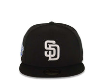 Load image into Gallery viewer, San Diego Padres New Era MLB 59FIFTY 5950 Fitted Cap Hat Black Crown/Visor White Logo 760 Area Code Back Logo 1998 World Series Side Patch Gray UV
