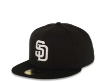 Load image into Gallery viewer, San Diego Padres New Era MLB 59FIFTY 5950 Fitted Cap Hat Black Crown/Visor White Logo 760 Area Code Back Logo 1998 World Series Side Patch Gray UV
