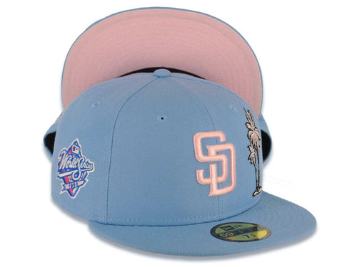 San Diego Padres New Era MLB 59FIFTY 5950 Fitted Cap Hat Sky Blue Crown/Visor Pink Logo With Palm Trees 1998 World Series Side Patch Pink UV