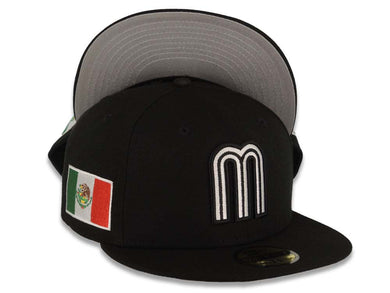Mexico New Era WBC World Baseball Classic 59FIFTY 5950 Fitted Cap Hat Black Crown/Visor White/Black Logo Mexico Side Patch Gray UV