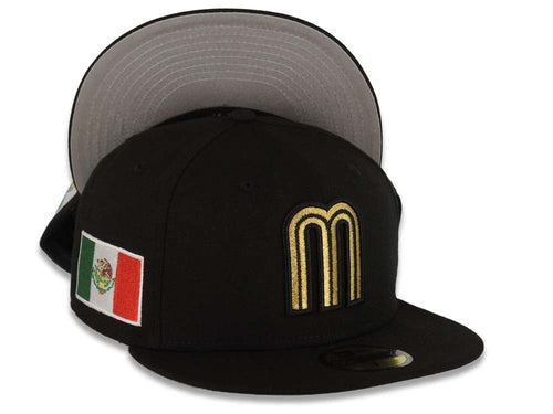 Mexico New Era WBC World Baseball Classic 59FIFTY 5950 Fitted Cap Hat Black Crown/Visor Metallic Gold/Black Logo Mexico Side Patch Gray UV