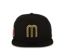 Load image into Gallery viewer, Mexico New Era WBC World Baseball Classic 59FIFTY 5950 Fitted Cap Hat Black Crown/Visor Metallic Gold/Black Logo Mexico Side Patch Gray UV
