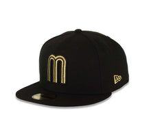Load image into Gallery viewer, Mexico New Era WBC World Baseball Classic 59FIFTY 5950 Fitted Cap Hat Black Crown/Visor Metallic Gold/Black Logo Mexico Side Patch Gray UV
