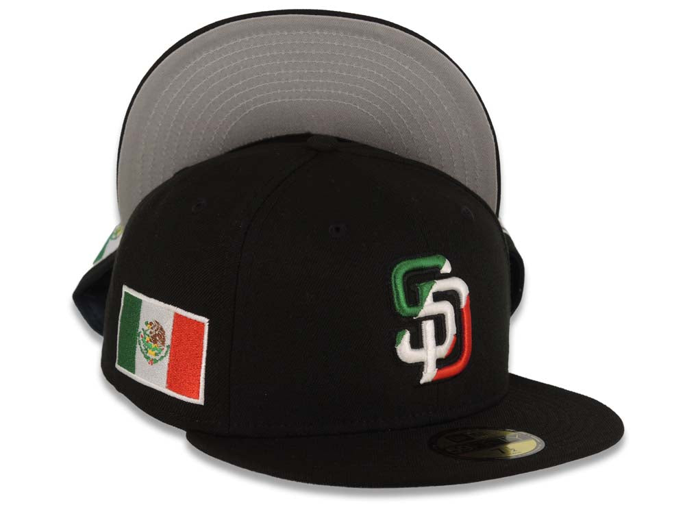 San Diego Padres New Era MLB 59FIFTY 5950 Fitted Cap Hat Black Crown/Visor Green/White/Red Logo Mexico Side Patch Gray UV