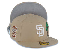 Load image into Gallery viewer, San Diego Padres New Era MLB 59FIFTY 5950 Fitted Cap Hat Khaki Crown/Visor White Logo With Palm Trees 25th Anniversary Side Patch Gray UV
