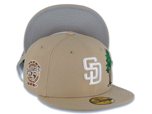 San Diego Padres New Era MLB 59FIFTY 5950 Fitted Cap Hat Khaki Crown/Visor White Logo With Palm Trees 25th Anniversary Side Patch Gray UV