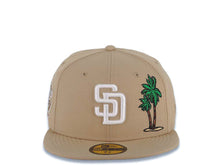 Load image into Gallery viewer, San Diego Padres New Era MLB 59FIFTY 5950 Fitted Cap Hat Khaki Crown/Visor White Logo With Palm Trees 25th Anniversary Side Patch Gray UV
