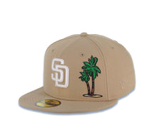 Load image into Gallery viewer, San Diego Padres New Era MLB 59FIFTY 5950 Fitted Cap Hat Khaki Crown/Visor White Logo With Palm Trees 25th Anniversary Side Patch Gray UV
