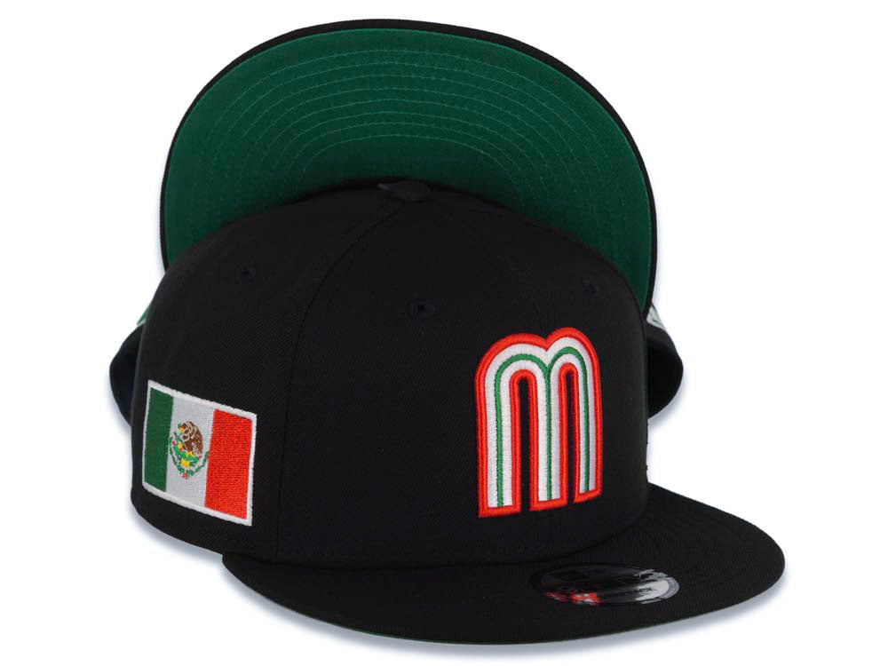 Mexico New Era WBC World Baseball Classic 9FIFTY 950 Snapback Cap Hat Black Crown/Visor Team Color Logo Mexico Flag Side Patch Green UV