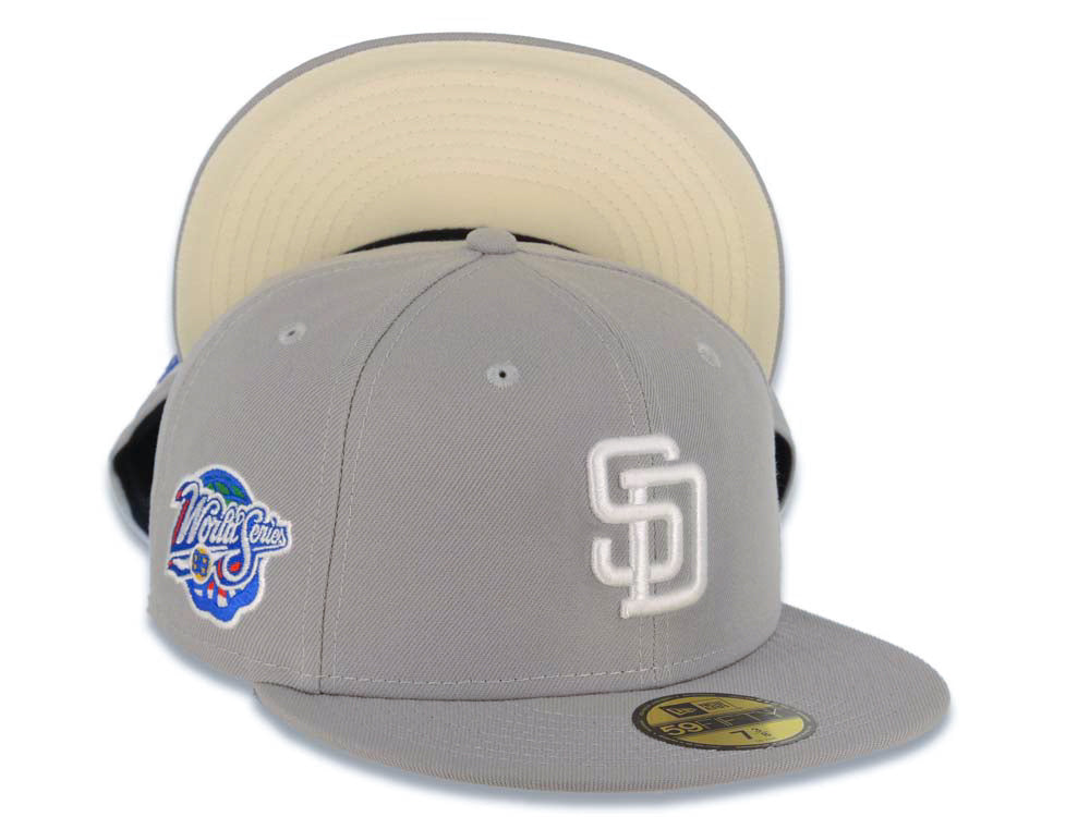 San Diego Padres New Era MLB 59FIFTY 5950 Fitted Cap Hat Gray Crown/Visor White Logo 1998 World Series Side Patch Cream UV