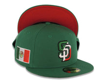 Load image into Gallery viewer, San Diego Padres New Era MLB 59FIFTY 5950 Fitted Cap Hat Green Crown/Visor Green/White/Red Logo Mexico Flag Side Patch Red UV
