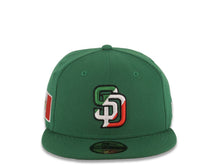 Load image into Gallery viewer, San Diego Padres New Era MLB 59FIFTY 5950 Fitted Cap Hat Green Crown/Visor Green/White/Red Logo Mexico Flag Side Patch Red UV
